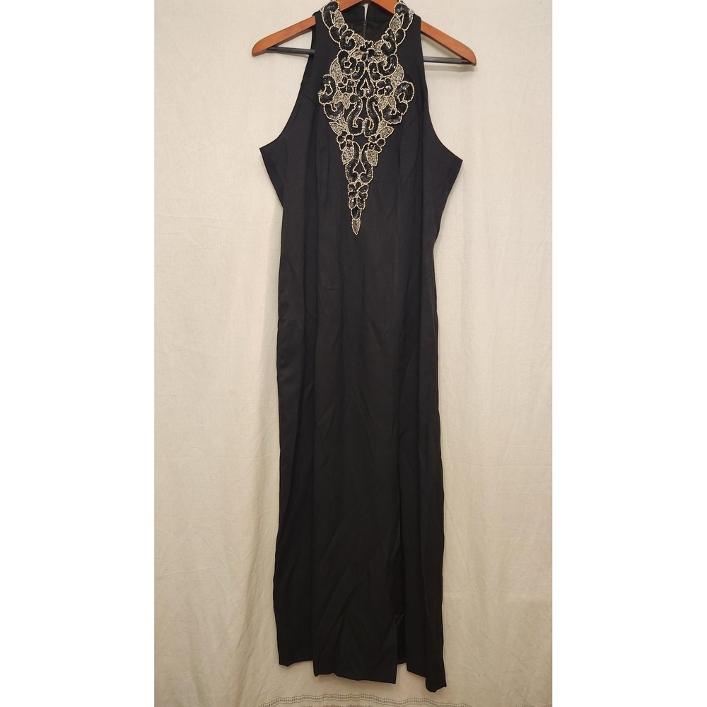 Vtg Barbara Taylor‎ Dress Womens Medium Black Beaded Maxi Evening Gown 90s